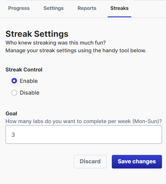The Streaks tab showing weekly goal and current streak
